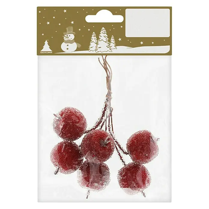 Dekoelement Geeiste Äpfel - Rot, Kunststoff, 6 Stk. - Eine Packung mit sechs roten, zuckerbestreuten Weihnachtsbeerenzweigen für festliche Dekorationen.