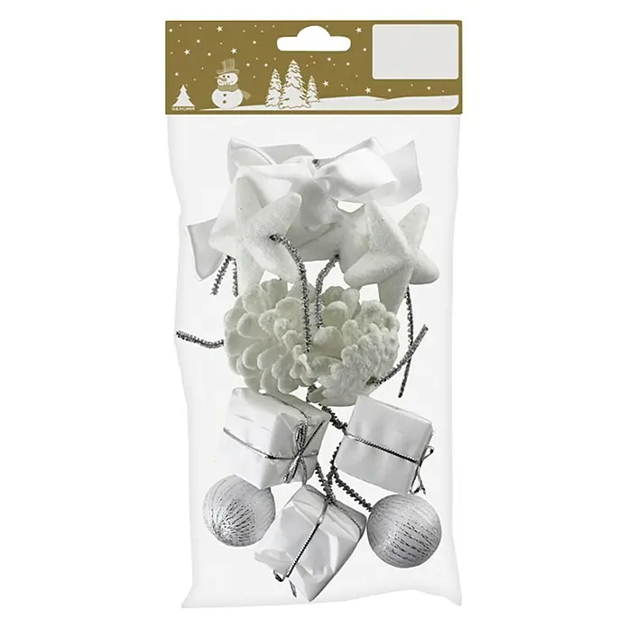 Dekoelement Sortiment Weiß - Weiß, Kunststoff, 13 Stk. - Packung mit Weihnachtsdekorationen, bestehend aus Schleifen, Sternen, Kugeln und Geschenken in Weiß- und Silberfarben, ideal für festliche Dekorationen.