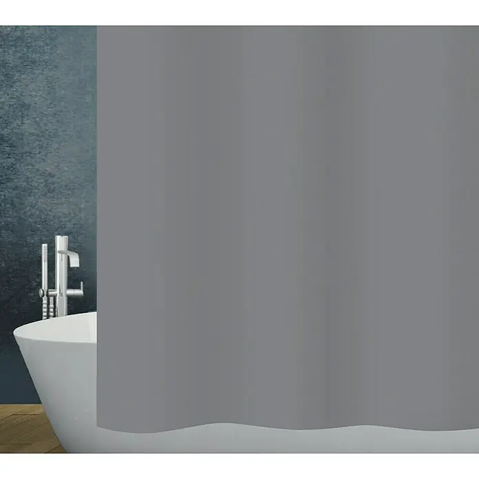 Diaqua Peva Duschvorhang Claro - 180 x 200 cm, Dunkelgrau - Ein grauer Duschvorhang hängt vor einer Badewanne, die mit einer eleganten Armatur ausgestattet ist, und bietet Privatsphäre und Stil im Badezimmer.
