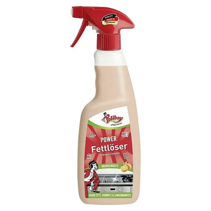 Poliboy Reinigungsmittel Power Fettlöser - 500 ml, Flasche mit Sprühkopf - Abbildung einer Sprühflasche Poliboy Power Fettlöser, einem Fettlöser zur Reinigung von Küchenoberflächen.