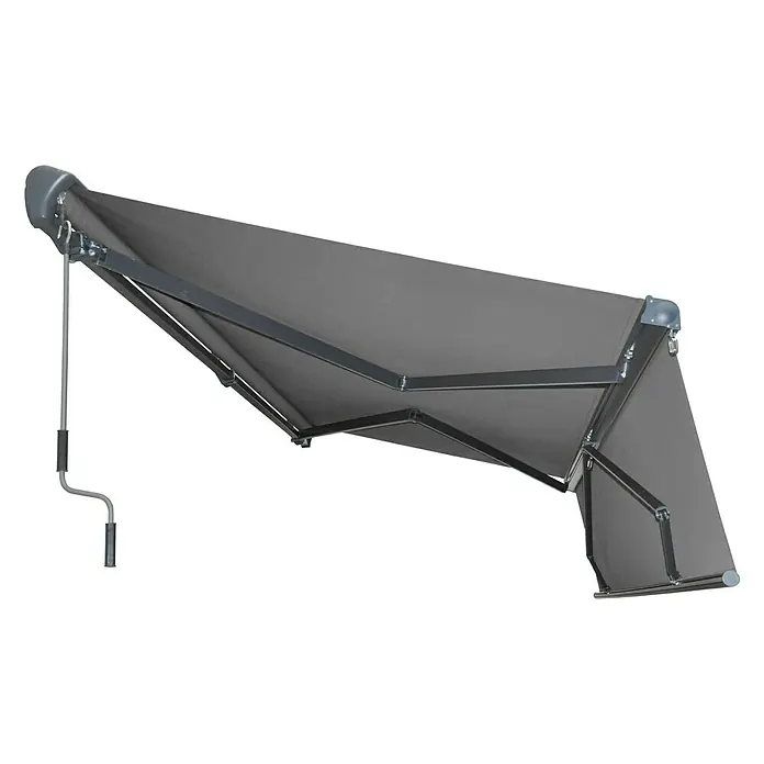 Sunfun Gelenkarmmarkise - Dunkelgrau, Breite: 3,95 m, Ausfall: 3 m - Nahaufnahme einer Markise, die Schutz vor Sonne und Regen bietet. Ideal für Terrassen und Balkone, mit robuster Konstruktion.