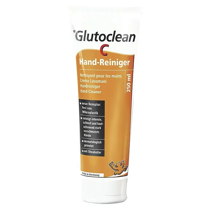 Glutoclean Handreiniger C - 250 ml, Tube - Bild einer Tube Glutoclean Hand-Reiniger C mit 250 ml Inhalt. Reinigt intensiv und enthält Sheabutter. Dermatologisch getestet und Made in Germany.