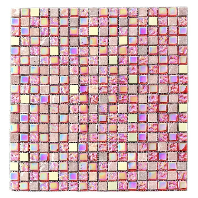 Mosaikfliese Quadrat Crystal Mix XCM M880N - 30,5 x 32,2 cm, Rot/Rosa, Glänzend - Quadratisches Mosaikfliesenmuster mit schillernden rosa, gelben und beigen Fliesen für dekorative Oberflächen.