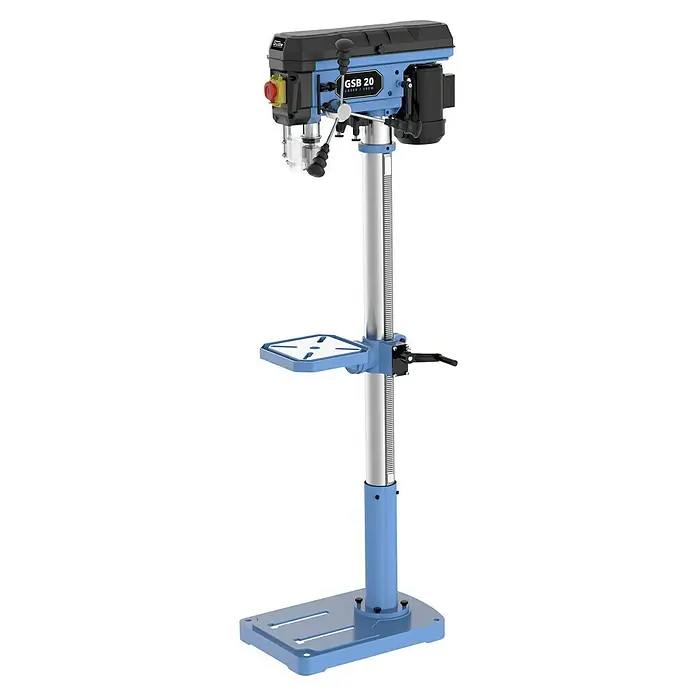 Güde Tischbohrmaschine GSB 20 Laser - 500 W, 600 U/min - 2.600 U/min, Spannweite Bohrfutter: 3 mm - 16 mm - Eine blaue Ständerbohrmaschine mit silberner Säule und diversen Bedienelementen, ideal für präzise Bohrarbeiten in Werkstätten.