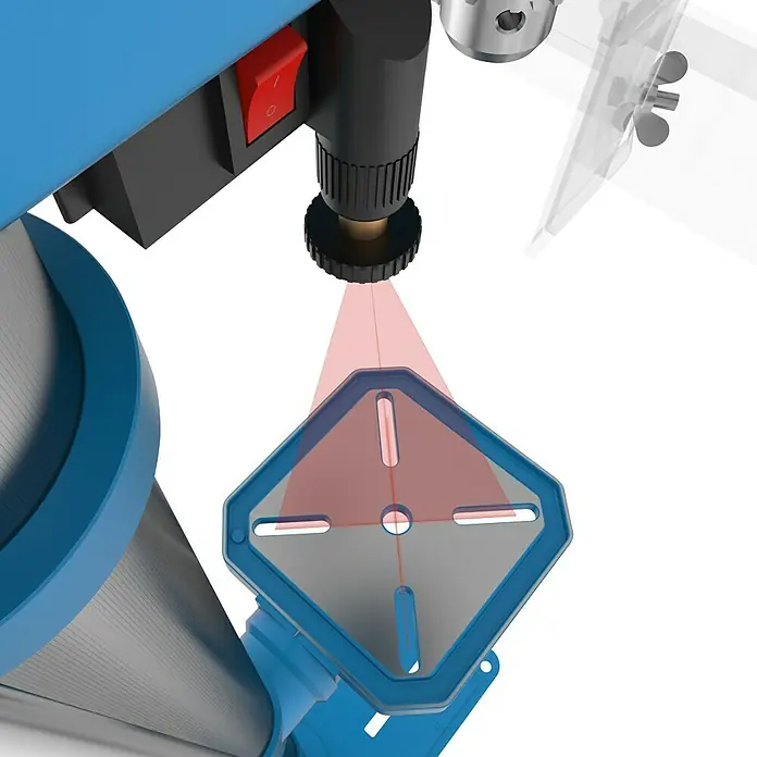 Güde Tischbohrmaschine GSB 20 Laser - 500 W, 600 U/min - 2.600 U/min, Spannweite Bohrfutter: 3 mm - 16 mm - Nahaufnahme einer Bohrmaschine mit Laserführung, die Präzision und Genauigkeit beim Bohren demonstriert.