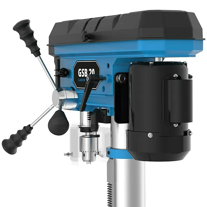 Güde Tischbohrmaschine GSB 20 Laser - 500 W, 600 U/min - 2.600 U/min, Spannweite Bohrfutter: 3 mm - 16 mm - Das Bild zeigt eine blaue GSB 20 Laser Tischbohrmaschine mit schwarzem Motor und silberner Säule.