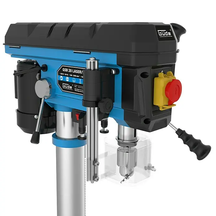 Güde Tischbohrmaschine GSB 20 Laser - 500 W, 600 U/min - 2.600 U/min, Spannweite Bohrfutter: 3 mm - 16 mm - Produktbild einer Güde GSB 20 LASER/T Tischbohrmaschine in Blau und Schwarz, ideal zum präzisen Bohren in Werkstätten.