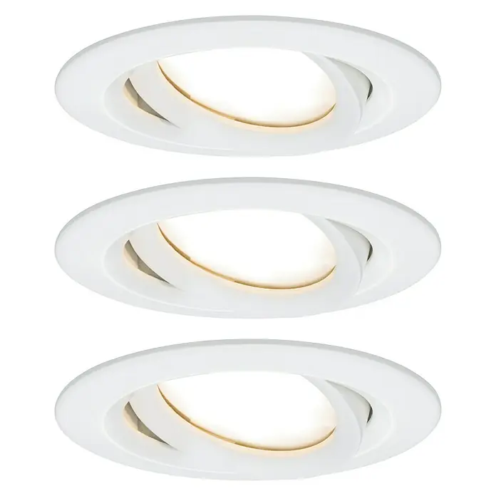 Paulmann Nova LED-Einbauleuchten-Set Plus Coin - 6,8 W, Weiß, 3 Stk., Warmweiß, IP65 - Drei weiße LED-Einbaustrahler mit verstellbarem Lichtkegel auf schwarzem Hintergrund.