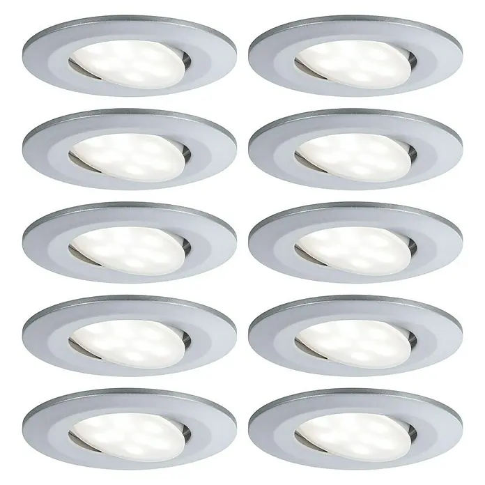 Paulmann LED-Einbauleuchte Calla - Neutralweiß, 10 Stk., IP65, Durchmesser: 9 cm, Chrom - Ansicht von zehn hellen, runden LED-Einbaustrahlern mit silberner Fassung vor schwarzem Hintergrund.