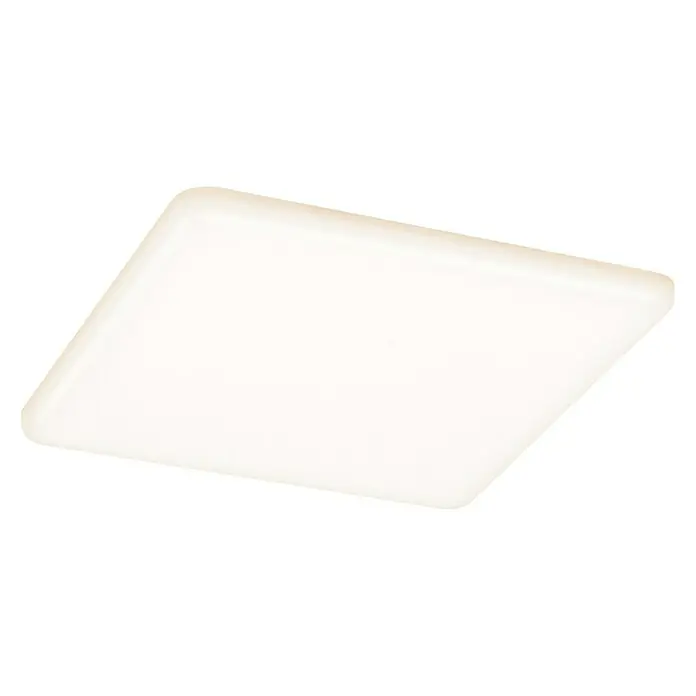 Paulmann LED-Panel Veluna VariFit - 17 W, L x B x H: 18,5 x 18,5 x 3,1 cm, Satin, Warmweiß - Nahaufnahme einer quadratischen LED-Deckenleuchte, die ein warmes, diffuses Licht in einem modernen Design ausstrahlt.