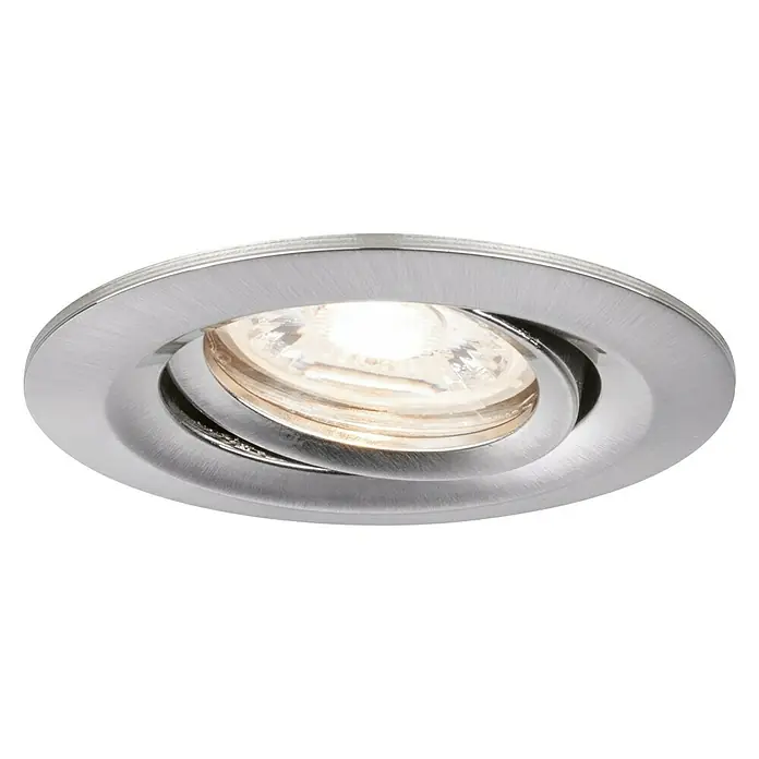 Paulmann LED-Einbauleuchte rund Nova Mini - 4 W, Eisen gebürstet, Warmweiß - Nahaufnahme einer runden, silbernen LED-Deckenleuchte mit schwenkbarem Leuchtmittel und gebürsteter Oberfläche.