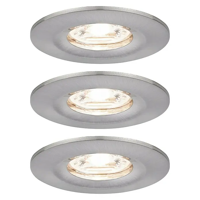 Paulmann LED-Einbauleuchten-Set Nova Mini - 12 W, Eisen gebürstet, 3 Stk., Warmweiß - Drei runde, silberne Einbaustrahler mit warmweißem Licht auf schwarzem Hintergrund.