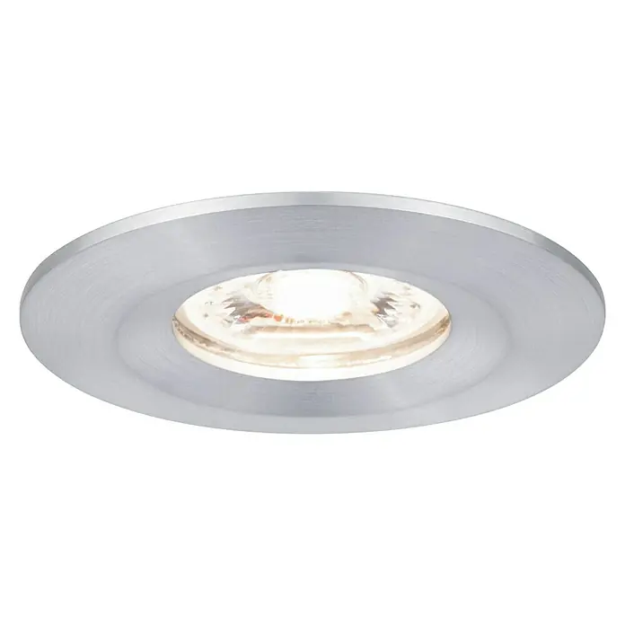 Paulmann LED-Einbauleuchten-Set Nova Mini rund - 4 W, Aluminium, 1 Stk., Warmweiß - Nahaufnahme einer runden, eingelassenen LED-Deckenleuchte mit gebürstetem Metallrahmen und warmweissem Licht. Ideal für moderne Innenräume.