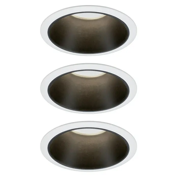 Paulmann LED-Einbauleuchte Cole - 6,5 W, Weiß/Schwarz, Warmweiß, 3 Stk. - Das Bild zeigt drei runde, versenkte Deckenleuchten mit weißem Rahmen und dunkler Innenseite, die für eine moderne Beleuchtung sorgen.