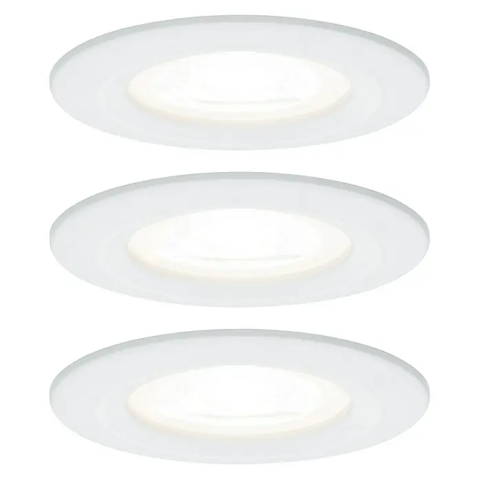 Paulmann LED-Einbauleuchte Nova - 6,5 W, Weiß, Warmweiß, 3 Stk. - Drei runde, versenkte LED-Deckenleuchten mit weißem Rahmen auf schwarzem Hintergrund. Die Lampen strahlen helles Licht aus.