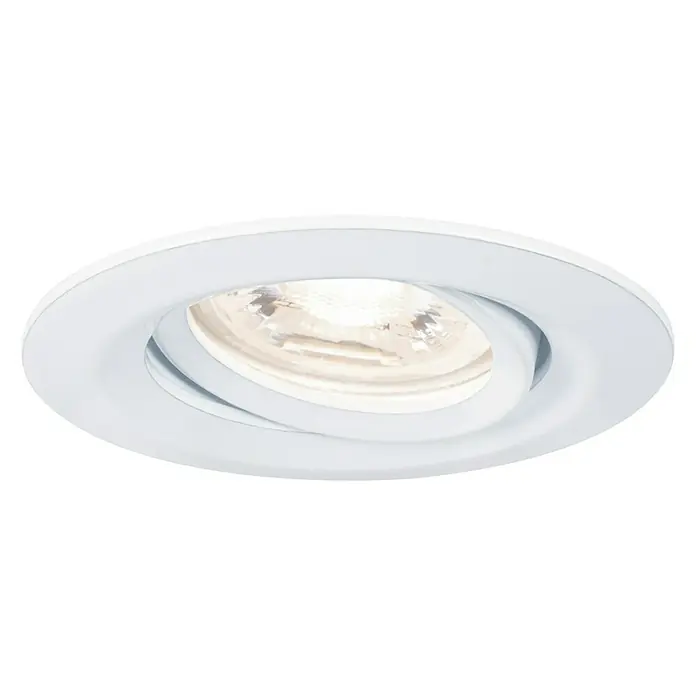 Paulmann LED-Einbauleuchte rund Nova Mini - 4 W, Weiß, Warmweiß - Nahaufnahme einer weißen, runden Einbauleuchte, die ein warmes Licht ausstrahlt und sich perfekt in moderne Decken integriert.