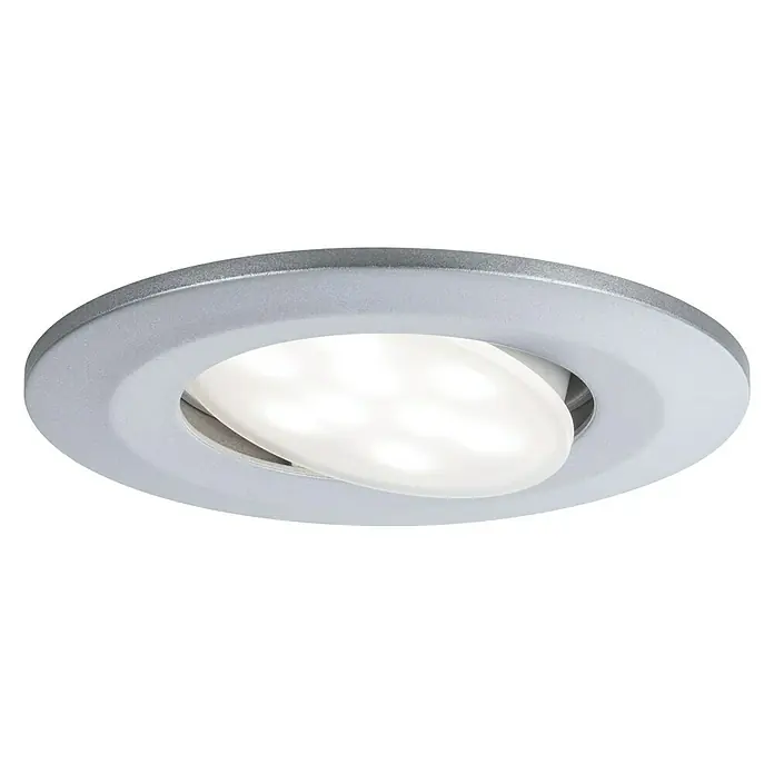 Paulmann Downlight LED empotrable Calla - Blanco neutro, 1 ud., IP65, Diámetro: 90 mm, Cromo - Primer plano de una lámpara de techo LED con cabezal de luz ajustable y marco plateado para una iluminación flexible.
