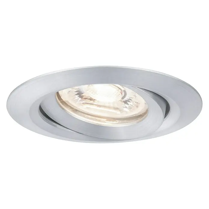 Paulmann LED-Einbauleuchten-Set Nova Mini - 4 W, Aluminium, 1 Stk., Warmweiß - Nahaufnahme eines versenkten, schwenkbaren LED-Spots mit silberfarbener Blende, der warmes Licht ausstrahlt und sich ideal für Akzentbeleuchtung eignet.