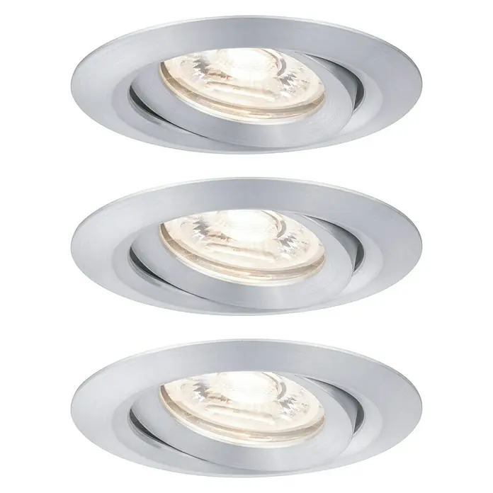 Paulmann LED-Einbauleuchten-Set Nova Mini - 12 W, Aluminium gebürstet, 3 Stk., Warmweiß - Drei runde, silberne Einbaustrahler mit warmweissem Licht auf schwarzem Hintergrund, die eine moderne Beleuchtungslösung darstellen.