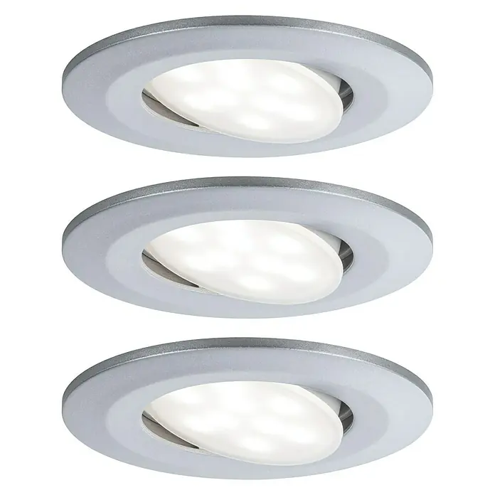 Paulmann LED-Einbauleuchte Calla - 18 W, Chrom, IP65, 3 Stk. - Drei moderne LED-Einbaustrahler mit silberfarbenem Rahmen auf schwarzem Hintergrund.