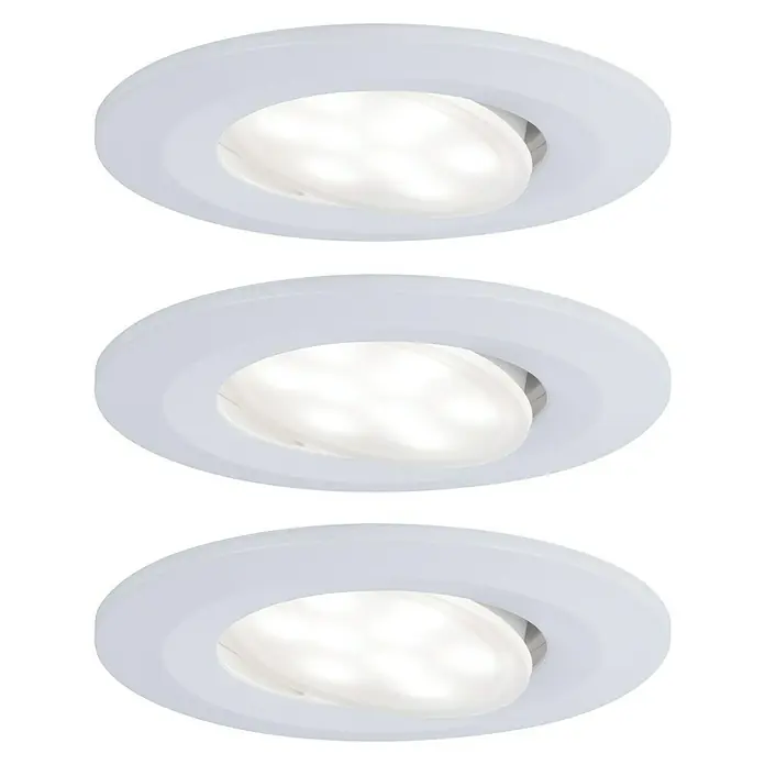 Paulmann LED-Einbauleuchte Calla - Neutralweiß, 3 Stk., IP65, Durchmesser: 90 mm, Weiß - Nahaufnahme von drei LED-Deckeneinbauleuchten mit weißer Blende, die eine helle und moderne Beleuchtungslösung bieten.