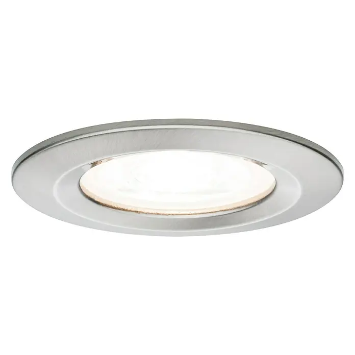 Paulmann LED-Einbauleuchte Nova - 6,5 W, Eisen gebürstet, Warmweiß, 1 Stk., Einbautiefe: 75 mm - Nahaufnahme einer runden LED-Deckenleuchte mit gebürstetem Nickel-Finish und warmweißem Licht, ideal für moderne Innenräume.