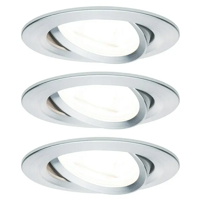 Paulmann LED-Einbauleuchte Nova - 6,5 W, Aluminium, Warmweiß, 3 Stk. - Diese Aufnahme zeigt drei versenkte LED-Deckenleuchten mit drehbaren Einsätzen vor einem schwarzen Hintergrund.