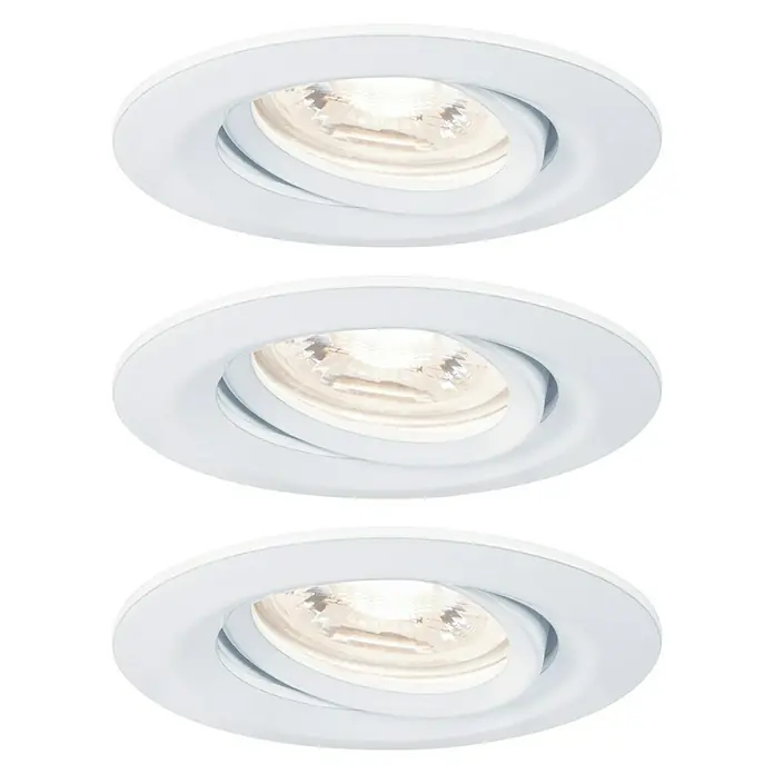 Paulmann LED-Einbauleuchten-Set Nova Mini - 12 W, Weiß, 3 Stk., Warmweiß, Leuchtenkopf beweglich - Drei runde, weiße Einbaustrahler mit schwenkbaren Köpfen auf einem schwarzen Hintergrund. Perfekt für Akzentbeleuchtung.
