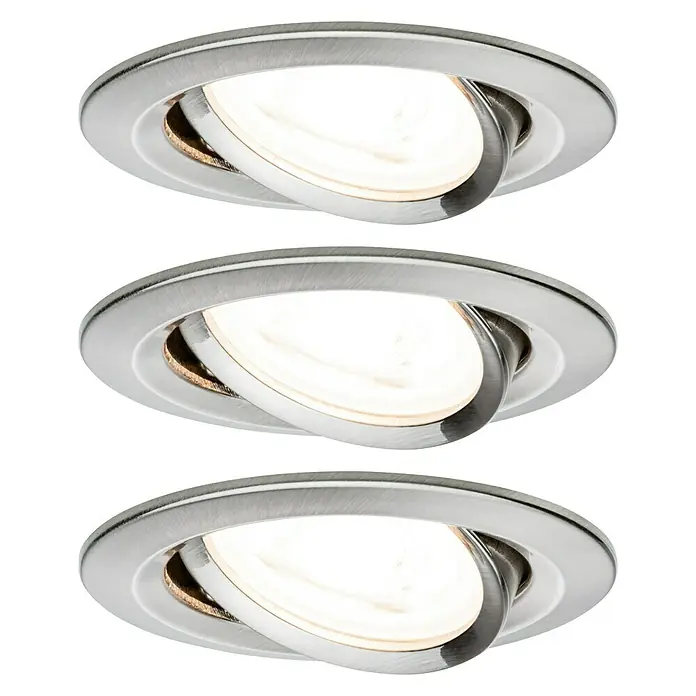 Paulmann LED-Einbauleuchte Nova - 19,5 W, Eisen gebürstet, Warmweiß, Einbautiefe: 90 mm - Nahaufnahme von drei runden, versenkten Strahlern mit schwenkbaren Lampen in einem eleganten Design, das modernes Licht und Stil vereint.