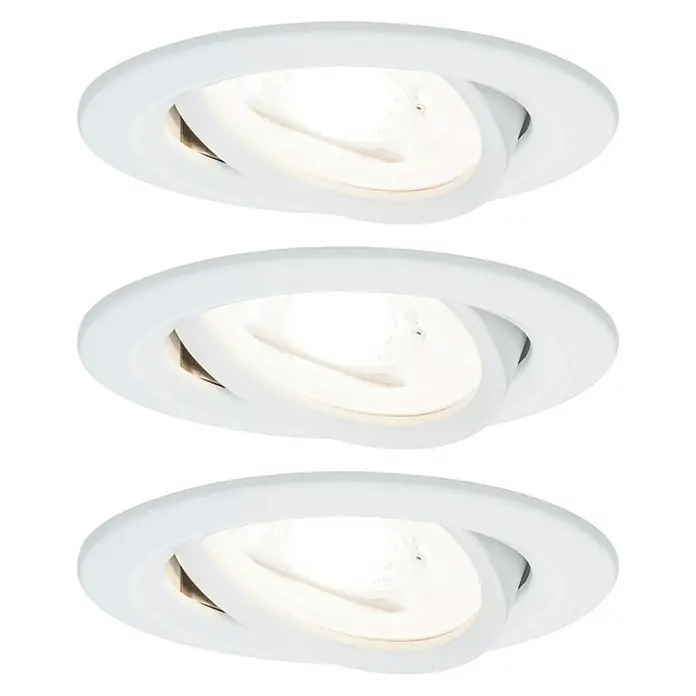 Paulmann LED-Einbauleuchte Nova - 6,5 W, Warmweiß, 3 Stk. - Drei weiße Deckeneinbaustrahler mit schwenkbaren Köpfen, die helles Licht spenden und eine moderne Beleuchtungslösung darstellen.