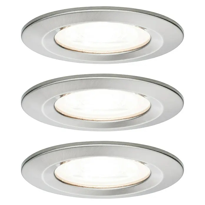 Paulmann LED-Einbauleuchte Nova - 6,5 W, Eisen gebürstet, Warmweiß, 3 Stk., Einbautiefe: 75 mm - Diese Aufnahme zeigt drei runde, eingelassene LED-Leuchten mit gebürstetem Metallfinish, die warmes, einladendes Licht ausstrahlen.