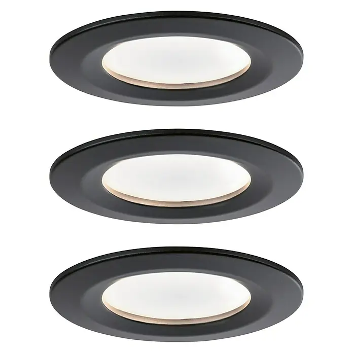 Paulmann Nova LED-Einbauleuchten-Set - 6,5 W, 3 Stk., Warmweiß, Durchmesser: 7,8 cm, Schwarz - Ansicht von drei schwarzen, runden LED-Deckenleuchten, die Licht ausstrahlen.