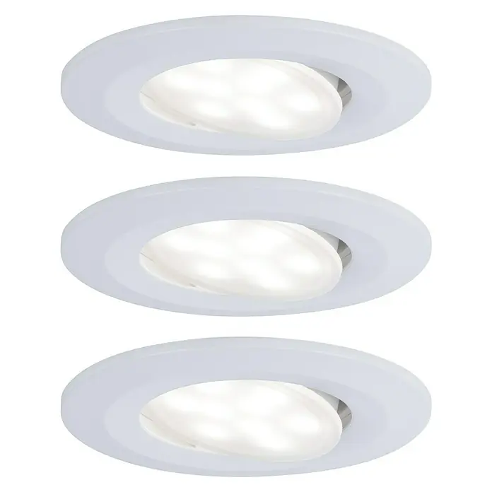 Paulmann LED-Einbauleuchte Calla - 18 W, Weiß, IP65, 3 Stk. - Drei weiße Einbaustrahler mit runden Blenden, die hell leuchten und eine moderne Beleuchtungslösung darstellen.