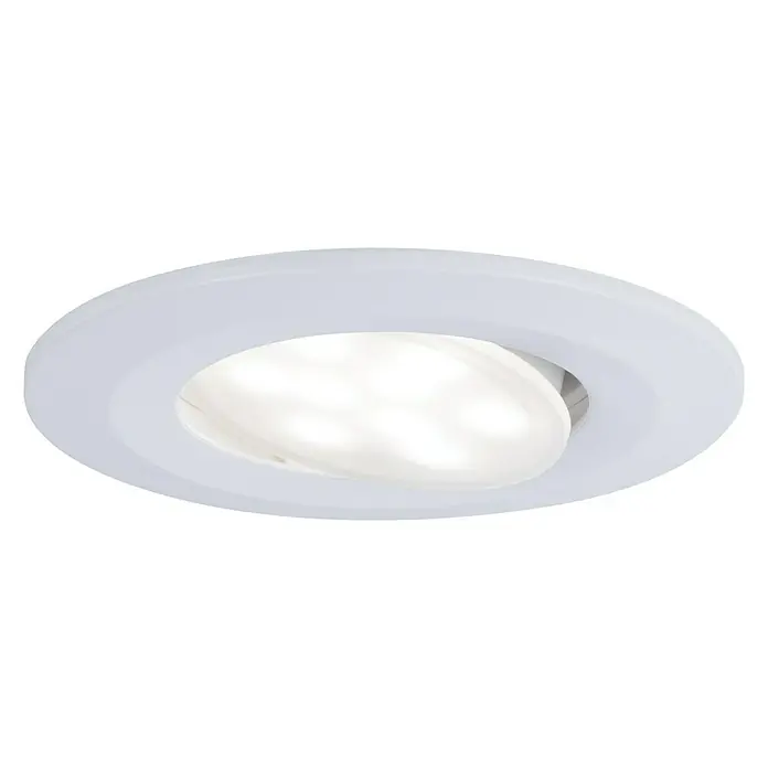 Paulmann LED-Einbauleuchte Calla - 6 W, Weiß, IP65 - Nahaufnahme einer weißen, runden LED-Deckenleuchte, die modernes Design und energieeffiziente Beleuchtung vereint.