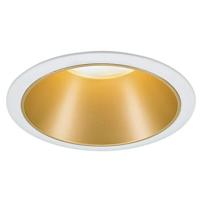 Paulmann LED-Einbauleuchte Cole - 6,5 W, Weiß/Gold, Warmweiß, 1 Stk. - Nahaufnahme einer stilvollen, runden LED-Deckenleuchte mit weißem Rahmen und goldener Innenseite, die warmes Licht ausstrahlt.