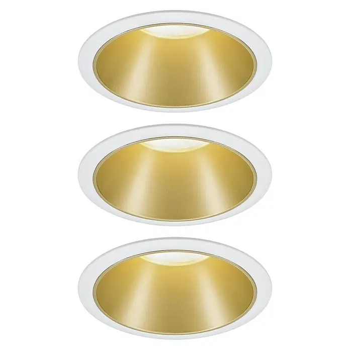 Paulmann LED-Einbauleuchte Cole - 19,5 W, Weiß/Gold, Warmweiß, 3 Stk. - Abbildung von drei goldenen Einbaustrahlern mit weißer Einfassung. Sie bieten ein elegantes und helles Design für jeden Raum.