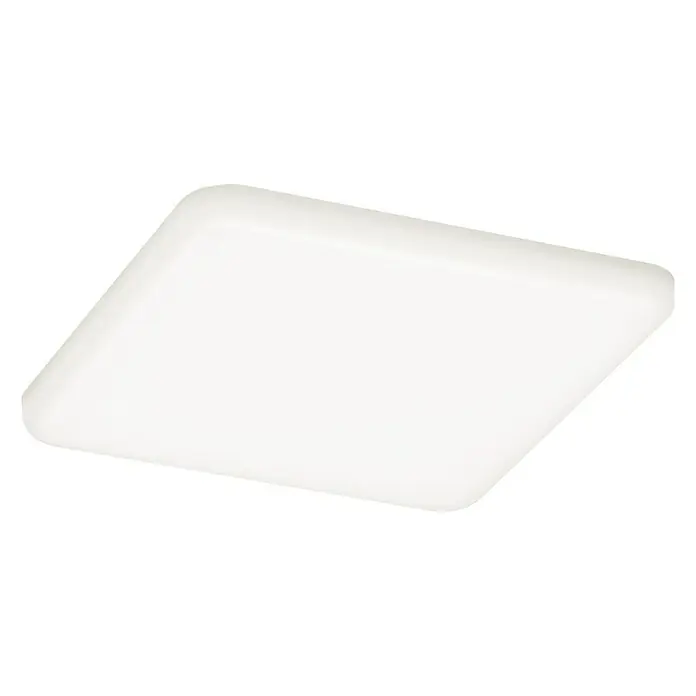 Paulmann LED-Panel Veluna VariFit - 8,5 W, L x B x H: 12,5 x 12,5 x 3,1 cm, Satin, Neutralweiß, 4.000 K - Eine quadratische, weiße Deckenleuchte mit abgerundeten Kanten vor einem schwarzen Hintergrund.