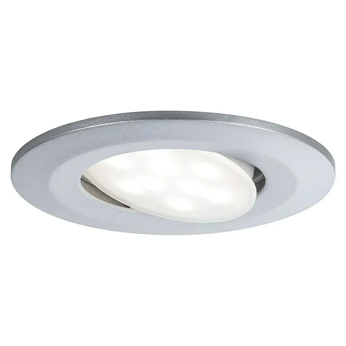 Paulmann LED-Einbauleuchte Calla - 6 W, Chrom, IP65 - Nahaufnahme einer runden LED-Deckenleuchte mit silberfarbenem Rahmen und weißem Diffusor, die ein helles, gleichmäßiges Licht abstrahlt.