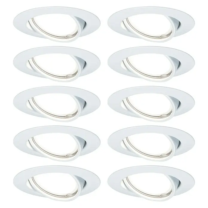 Paulmann Einbauleuchten-Set Base - 10 W, Weiß, 10 Stk. - Bild von zehn weißen, schwenkbaren LED-Einbaustrahlern, die in einem Raster auf einem schwarzen Hintergrund angeordnet sind.