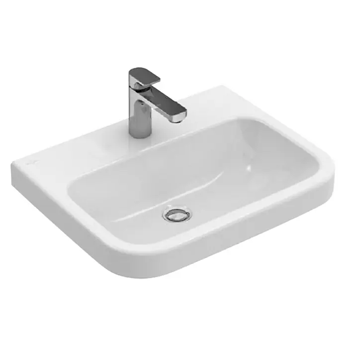 Villeroy & Boch Architectura Waschtisch 1 - 65 x 47 cm, Mit schmutzabweisender Glasur, Hahnloch: Mitte, Ohne Überlauf, Weiß - Nahaufnahme eines weißen Waschbeckens mit einem Chromhahn auf einem schwarzen Hintergrund.