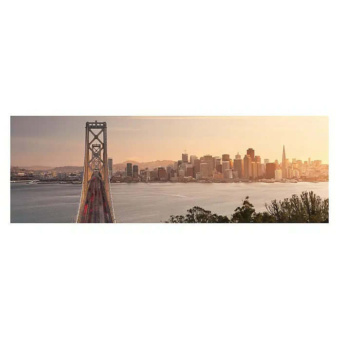 Komar Into Illusions Fototapete California Dreaming - 2 -tlg., B x H: 368 x 124 cm, Vlies - Panoramablick auf San Francisco mit der Bay Bridge im goldenen Abendlicht, eine Skyline, die Stadt und Natur verbindet.