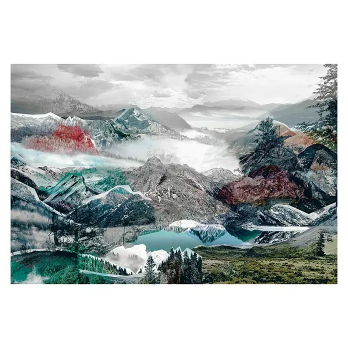 Komar Into Illusions Fototapete Up and Down - 4 -tlg., B x H: 368 x 248 cm, Vlies - Verschlungene Berglandschaft-Kunstwerk mit See und Wäldern. Einzigartige Wanddekoration für ein stimmungsvolles Zuhause.