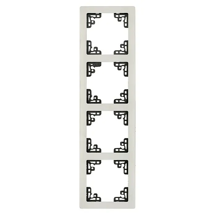 Voltomat FERA Abdeckrahmen Soft - Edelstahl, 4-fach, Edelstahl - Wanddeko mit vier Rahmen, die mit schwarzen, dekorativen Ecken versehen sind. Schlichtes Design für moderne Innenräume.
