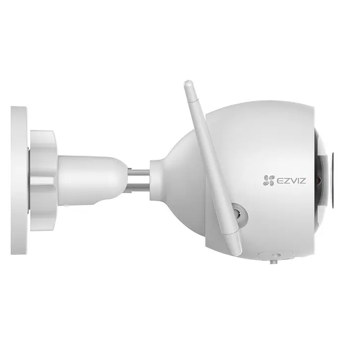 EZVIZ Cámara de vigilancia C3N - Blanco - Primer plano de una cámara de seguridad EZVIZ blanca con antena y soporte de pared sobre un fondo negro.