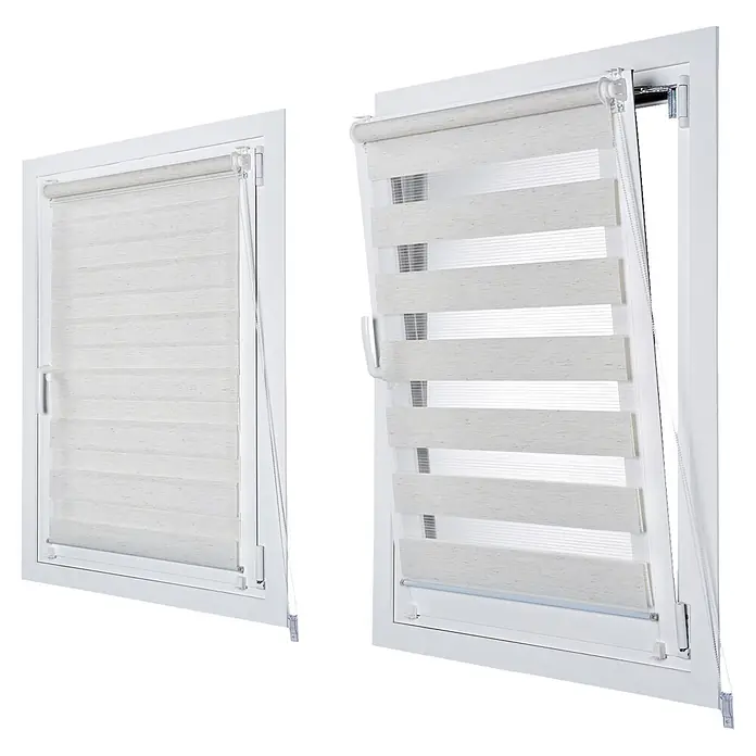 Estor noche y día Clip&Fix - An x Al: 60 x 180 cm, Lino - Dos ventanas con modernos estores enrollables dobles blancos, que permiten un control de luz flexible y se integran bien en el diseño de la habitación.