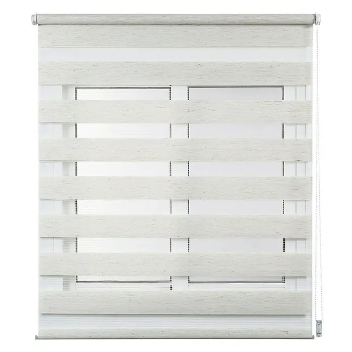 Estor noche y día Clip&Fix - An x Al: 60 x 180 cm, Lino - Aquí tienes un primer plano de un elegante estor enrollable doble blanco que ofrece una decoración de ventana moderna y filtra la luz de forma elegante.