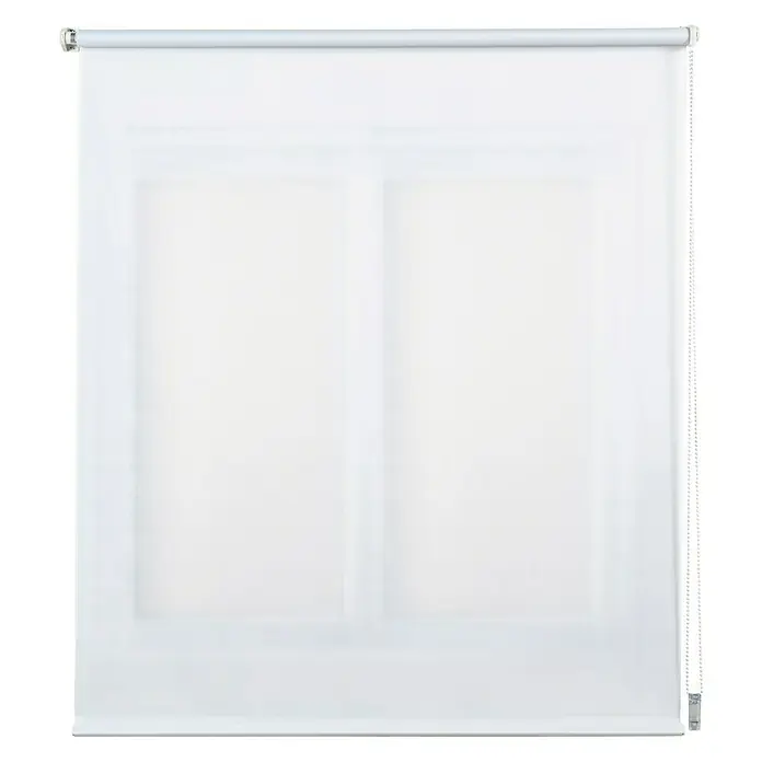 Estor enrollable Clip&Fix - An x Al: 45 x 180 cm, Blanco nieve - Esta imagen muestra un estor enrollable opaco blanco, diseñado para ser montado en una ventana o puerta de vidrio para bloquear la luz y ofrecer privacidad.