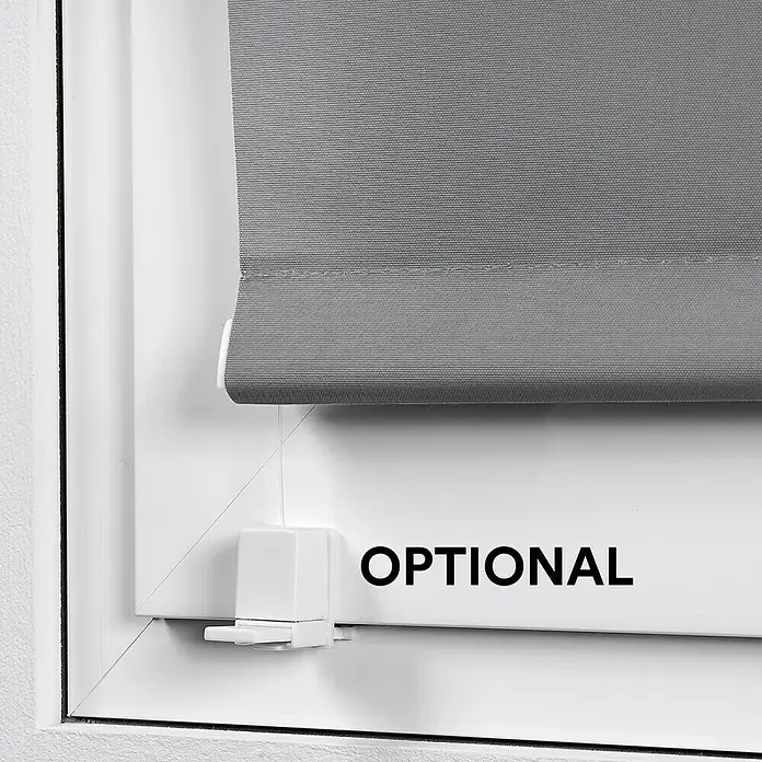 Estor enrollable Clip&Fix - An x Al: 45 x 180 cm, Blanco nieve - Estor enrollable gris con guía de cordón opcional en un marco de ventana blanco para un control flexible de la luz.