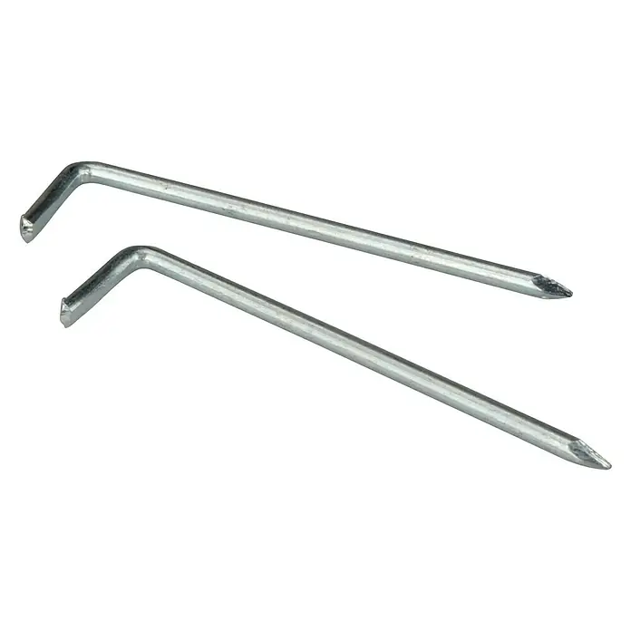Voltomat Hakennägel - Ø x L: 3 x 70 mm, Stahl, Galvanisch verzinkt, 25 Stk. - Zwei silberne Heringe mit einem gebogenen Kopf und einer Spitze zum Befestigen von Zelten oder Planen im Freien.