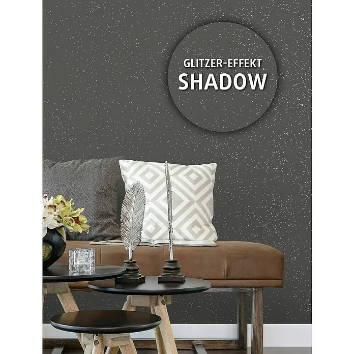swingcolor effects Farbeffektputz Funkelnde Wohnraumfarbe mit Glitzer-Effekt - Shadow, Glitzernd, 2,5 l - Ein Interieur mit der Wandfarbe "Glitzer-Effekt Shadow", die eine subtile Glitzeroptik bietet.